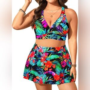 Yonique 18W High Waisted Bikini with skirt Tummy Control NWT